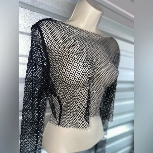 Mesh Black Sequin Long Sleeve Festival Top One Size - Picture 5 of 11